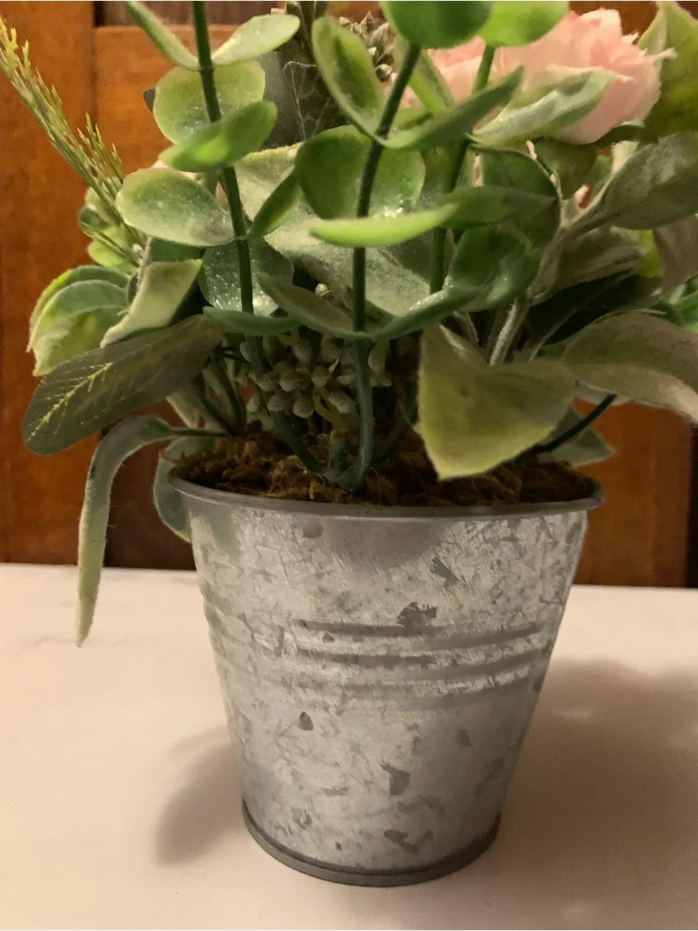 Artificial Pink Rose and Eucalyptus Arrangement in Galvanized Pot